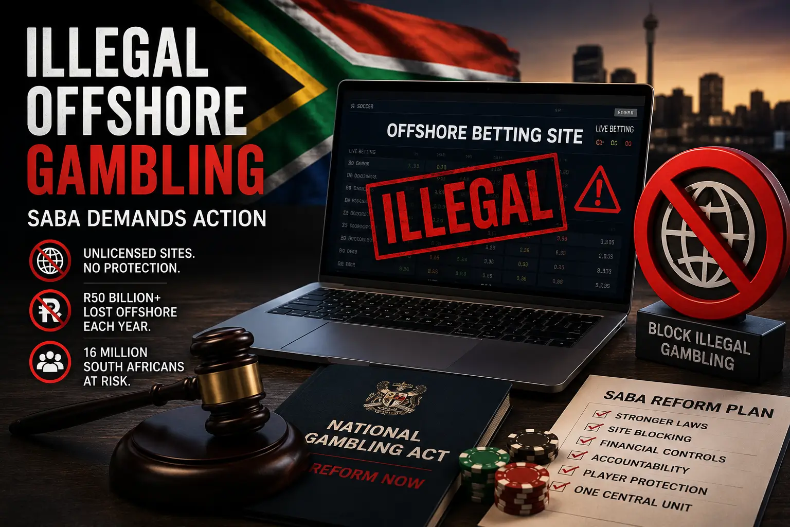 Hero image shows "Illegal Offshore Gambling" in South Africa 